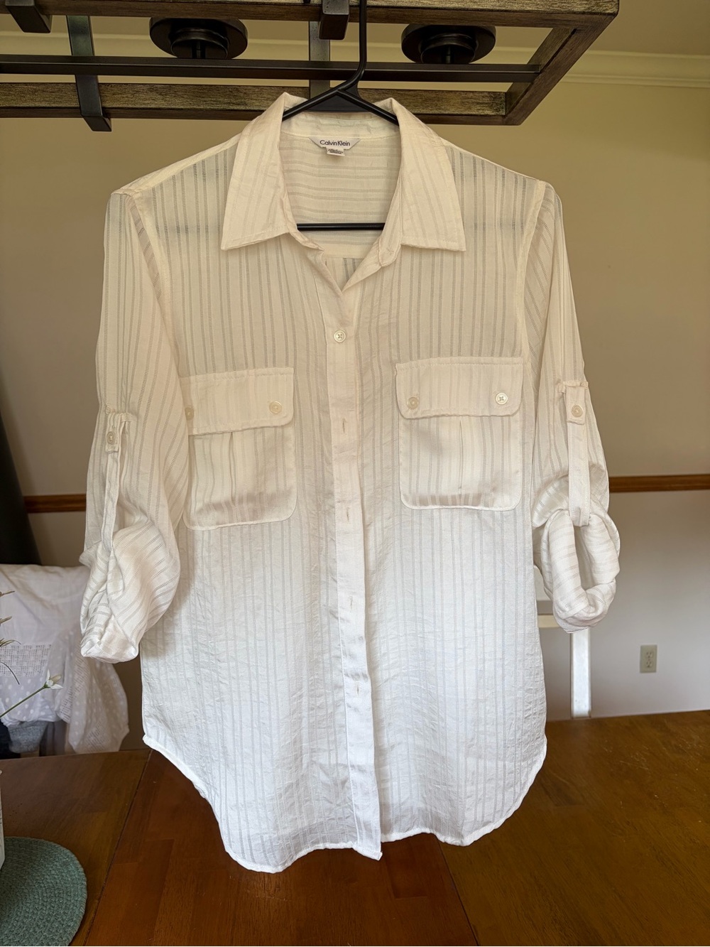 Calvin Klein White Sheer Stripe Roll Tab Button Down Blouse SP